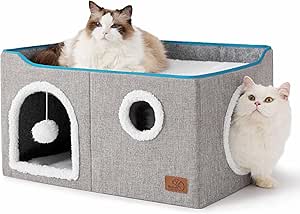 Bedsure Extra-Wide Cat House for Indoor Cats - Large Cat Cave for Pet Cat House with Fluffy Ball Hanging and Scratch Pad, Foldable Cat Hideaway for Multi Cats, 23.6x16.9x13 inches, Grey