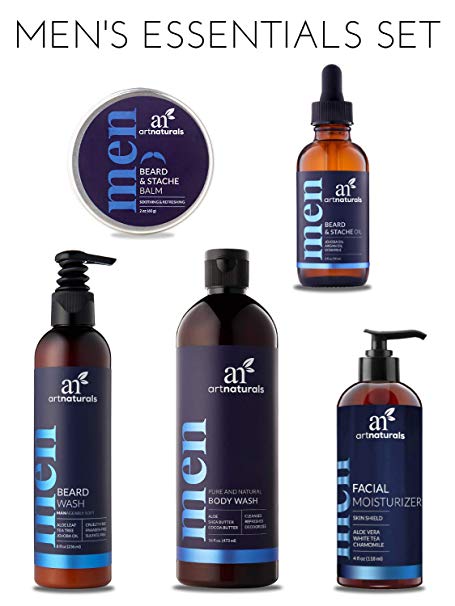 ArtNaturals 5-Piece Mens Essentials Gift Set - Includes Natural Beard Oil and Balm, Men's Body Wash, Facial Moisturizer and Beard Shampoo Wash