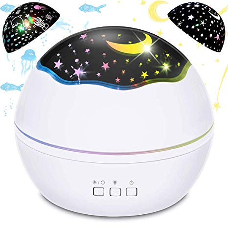 Baby Projector Night Light, BICASLOVE 2 in 1 LED Starry & Ocean Wave Projector Lamp, 360-Degree Rotating Night Light Projector with 8 Colors Modes for Kids Bedroom Children