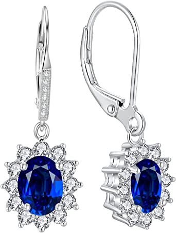 YFN Sapphire Earrings Sterling Silver Created Oval Birthstone Drop Dangle Leverback Earrings Jewellery for Women Girls