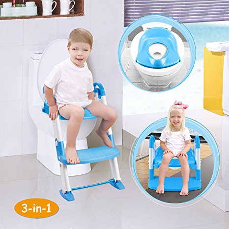 GPCT [Portable] 3-In-1 Kids Toddlers Potty Training Seat W/ Step Stool. Sturdy, Comfortable, Safe, Built In Non-Slip Steps W/ Anti-Slip Pads. Excellent Potty Seat Step Trainer- Boys/Girls/Baby- Blue