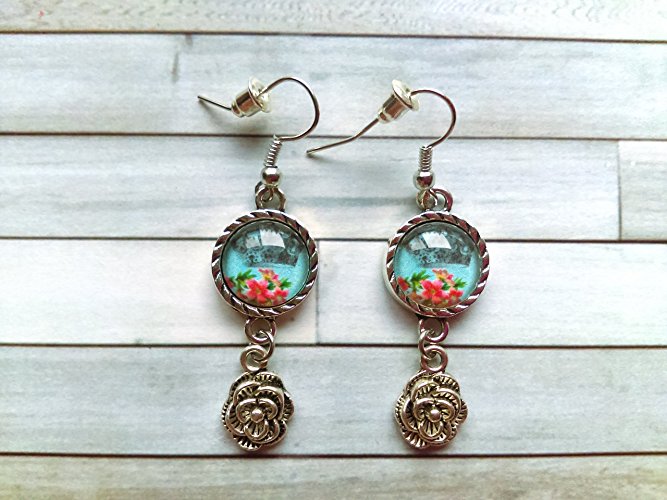 Silver Plated Dangle Glass Dome Earrings- Floral Crown Design- Choose Ear Wire or Kidney Hook
