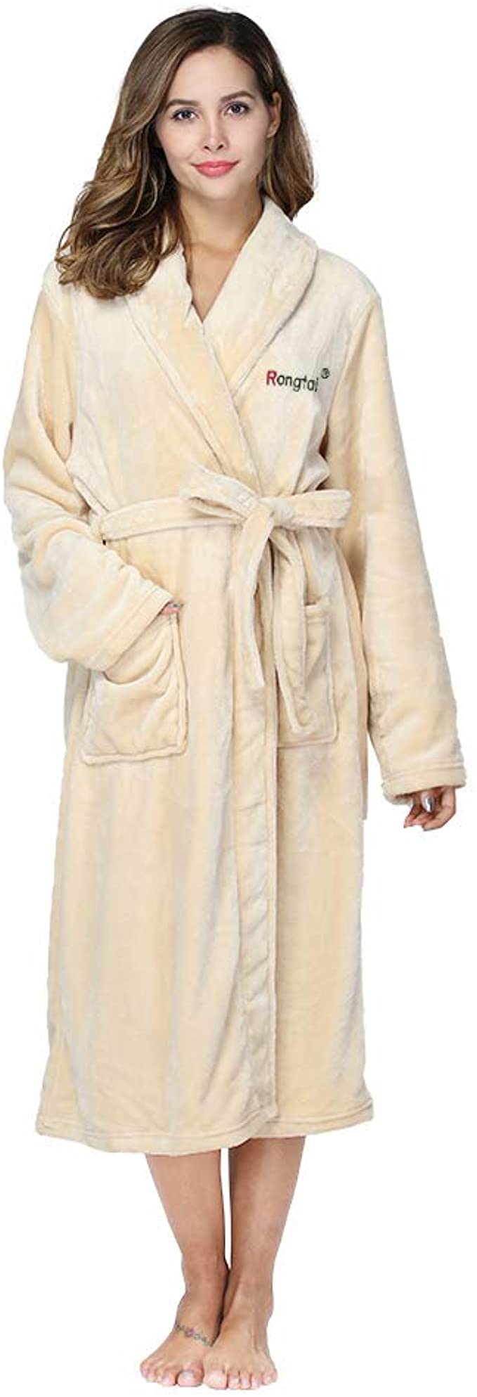 RONGTAI Fleece Robe for Women Plush Soft Warm Long Bathrobe with Pockets