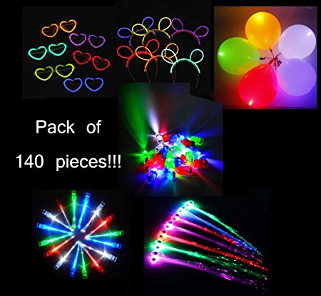 Total 140 Pieces Party Supplies Includes Finger Lights Fiber Optic Hair Lights Light Up Ballons Heart Shape Glowing Glasses and Glowing Rabbit Ear Hair Band For Toy Christmas Halloween Concert Party