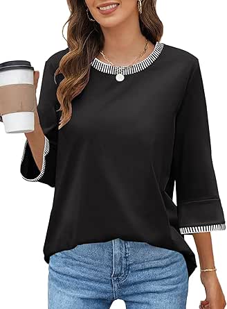 MEROKEETY Women's 3/4 Sleeve Tops Dressy Casual Crew Neck Color Block Loose Trendy Blouses T Shirts