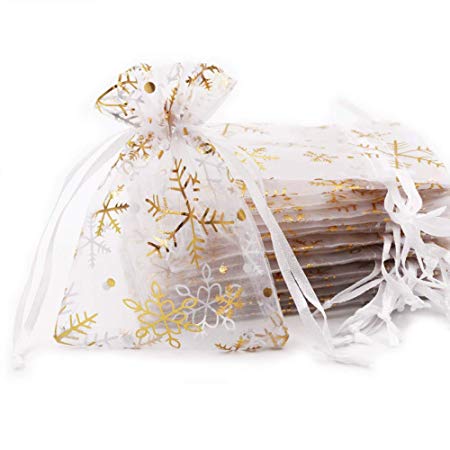 SumDirect 20Pcs 3.5x4.7 inches Sheer Drawstring Organza Jewelry Pouches Wedding Party Christmas Favor Gift Bags(White with Gold Snowflake)