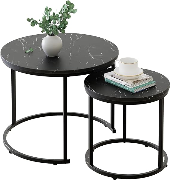 aboxoo Round Nesting Coffee Table Side Table Set of 2 End Tables for Living Room Bedroom Balcony,Black Faux Marble Wooden Table 31IN Accent Large Coffee Table with Steel Frame