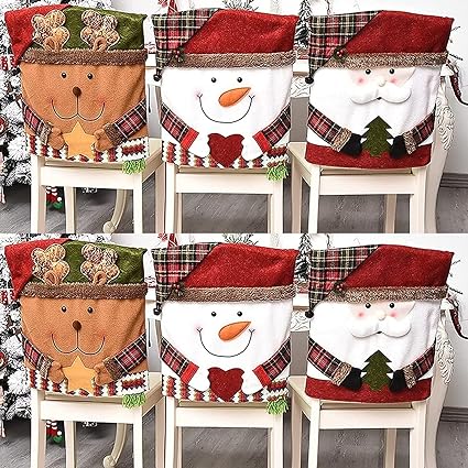 APXPF 6 Pcs Christmas Chair Back Cover for Dining Room, Santa Claus Snowman Reindeer Xmas Dinner Chairs Cover, Chair Slipcover for Kitchen Hotel Holiday Party Decor