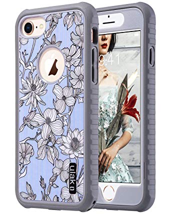 ULAK iPhone 8 Case, iPhone 7 Case, Slim FIT Shock-Absorbing Flexible Durability TPU Bumper Case, Durable Anti-Slip, Front and Back Hard PC Defensive Protective Cover, Pinstripes & Flowers