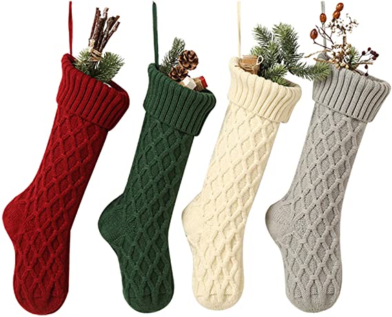 SherryDC Cable Knit Christmas Stockings, 4 Pack 18 inches Large Personalized Fireplace Hanging Stockings for Christmas Decorations