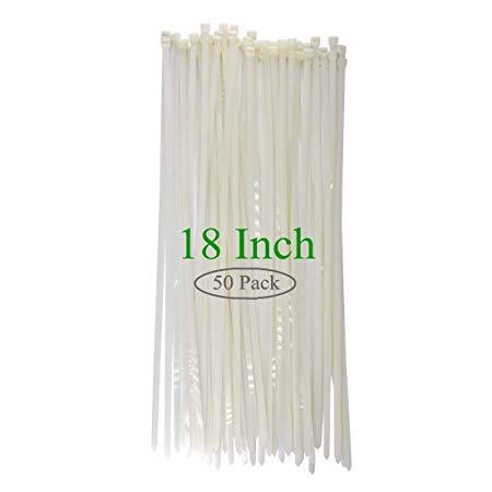Long Wide 18 Inch Nylon Zip Cable Ties Clear -Large 120LB Tensile Strength-Heavy Duty Industrial Durable Strong Cable Ties- 50 Pack - Indoor Outdoor Garden Use(18",120LB, White)