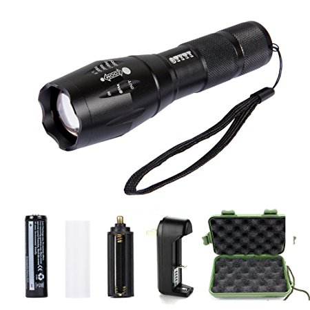 LED Tactical Flashlight, OTYTY 1000 Lumens T6 Portable Outdoor Water Resistant Torch, Adjustable Focus and 5 Light Modes with 18650 2200mAh 3.7V Rechargeable Li-ion Battery