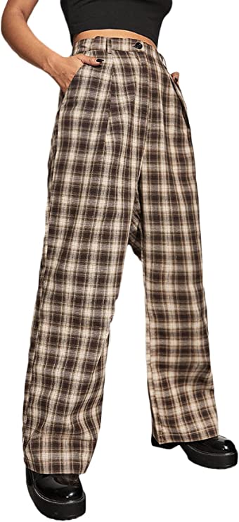 DIDK Women's Tartan Plaid Mid Waist Straight Pants