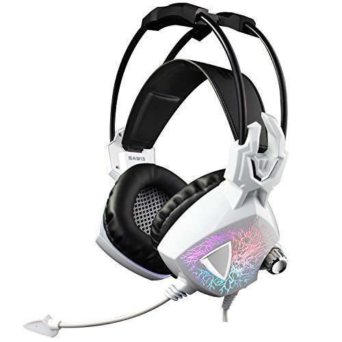 SADES SA913 Lightweight PC Gaming Headset USB Stereo Surround Sound Over Ear Headphones with Microphone Vibration Volume Controller Multi-Color LED light for Gamers(White)