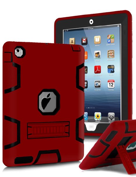 iPad 4 Case,iPad 3 Case,iPad 2 Case,TIANLI(TM) ArmorBox [Three Layer] Convertible [Heavy Duty] Rugged Hybrid Protective With KickStand Case For iPad 2/iPad 3/iPad 4,Red/Black