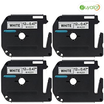 Buyalot 4 Pack Compatible Brother P-touch M Tape M231 MK231 M-K231 Black on White Label Tape for Brother P Touch Label Maker PT-90 PT-M95 PT-70BM PT-65 PT-85 PT-45 (12mm x 8m)