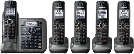 Panasonic KX-TG7645M DECT 6.0 Link-to-Cell via Bluetooth Cordless Phone with Answering System, Metallic Gray, 5 Handsets