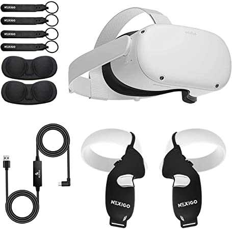 Oculus Quest 2 VR 64GB Holiday Bundle, Advanced All-in-One Virtual Reality Gaming Headset,   NexiGo Controller Grip Cover Black   Lens Protect Cover   16FT Link Cable Accessory Bundle