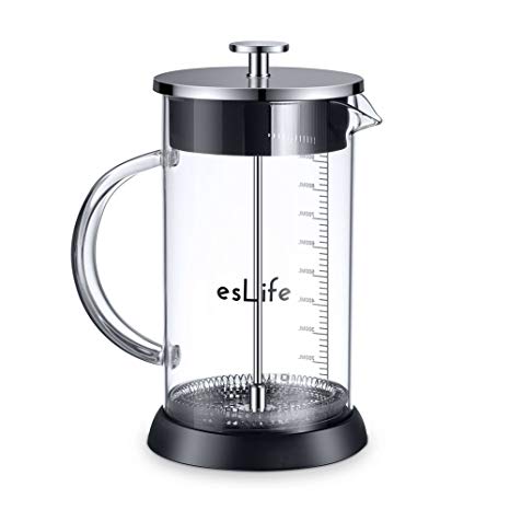 French Press Coffee Maker, esLife 34 OZ Stainless Steel Lip & Durable Heat Resistant Borosilicate Glass