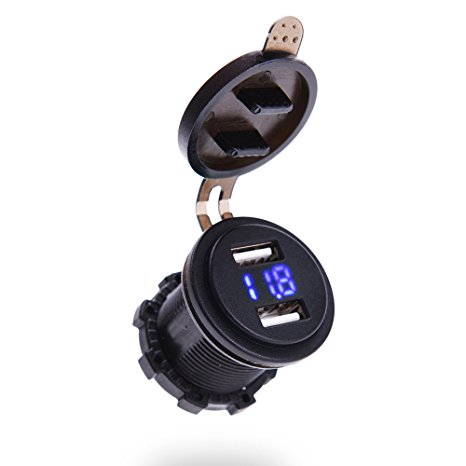 MICTUNING 4.2A Dual Port USB Charger with Voltmeter 12-24V BLUE LED Digital Display Universal for Car Boat Motorcycle