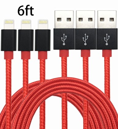 GOLDEN-NOOB 3Pack 6FT Nylon Braided Popular Lightning Cable 8Pin to USB Charging Cable Cord with Aluminum Heads for iPhone 6/6s/6 Plus/6s Plus/5/5c/5s/SE,iPad iPod Nano iPod Touch(Red)