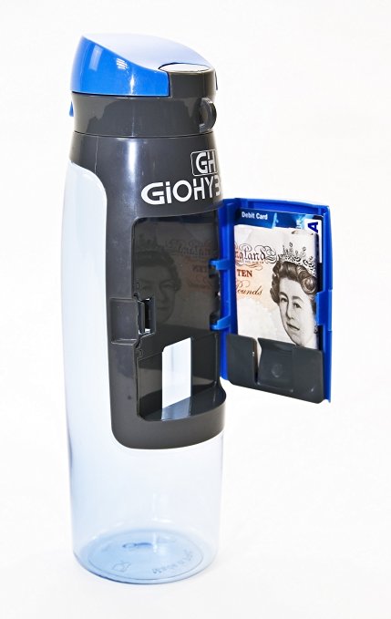 Water Bottle with Storage Compartment - Hydration Travel Bottles that can Hold Business cards, Credit Cards, Small Key and Money - Perfect for Fitness, Sports and Outdoors such as Mountain Bike, Camping,Hiking, Gym, Crossfit, Tennis, Yoga, MMA,Running or the Office - Eco Friendly Plus BPA-Free - One Year Guarantee by GioHybrid