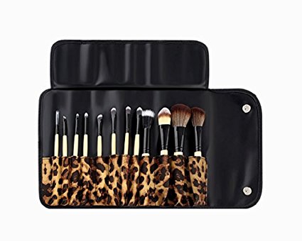 Amzdeal 12 Pieces Makeup Brushes/ Makeup Brush Set with Leopard Pouch (Yellow)