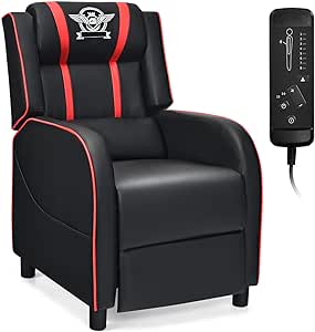 Giantex Massage Gaming Recliner Chair, Racing Style Single Recliner Sofa w/Cushion, Adjustable PU Leather Recliner Home Theater Seat for Living Room (Red)