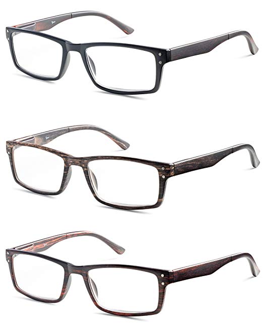 Rectangular Mens Reading Glasses - Set of 3 - Black, Brown, Burgendy, Value Pack - All Magnification Strengths