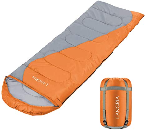 LANGRIA 3 Seasons Sleeping Bag with 2 Way Zipper & Compression Bag, Outdoor Lightweight Adults Sleeping Bags for Traveling Sleepover Camping Backpacking Hiking Festival