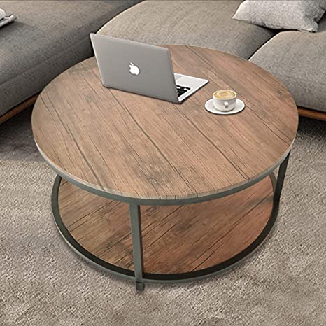 36”Round Coffee Table, Rustic Vintage Industrial Wood Top & Sturdy Metal Legs for Living Room,Modern Design Home Furniture with Storage Open Shelf,Dark Walnut