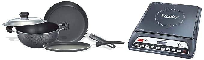 Prestige Omega Select Plus Non-Stick BYK Set, 3-Pieces, Gas-Stove Compatible only & PIC 20 1200 Watt Induction Cooktop with Push Button (Black) Combo
