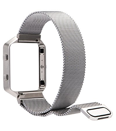 Fitbit Blaze Band Large (6.1-9.3 in), PUGO TOP Metal Frame Housing & Milanese Loop Stainless Steel Bracelet Strap Band for Fitbit Blaze Smart Fitness Watch and Fitbit Blaze Special Edition, Large