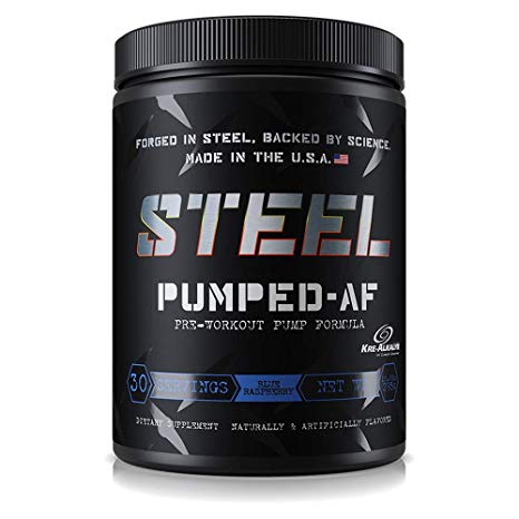 Steel Supplements Pumped-AF Pre Workout Powder Energy Drink High Intensity 30 Servings (Blue Raspberry)