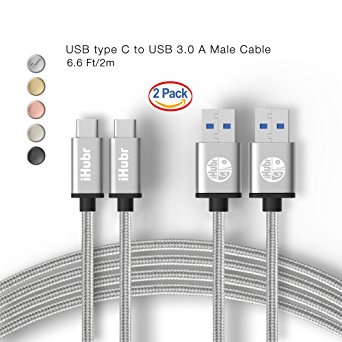 iHubr, SPECIAL SET - 2 PACK - 6.6 Ft (2M) Length, USB C Cable to USB 3.0, Nylon Braided Cable, Metal Housing, for New Macbook, Nokia N1, Nexus 6P/5X and Other Type-C Supported Devices (Gray)