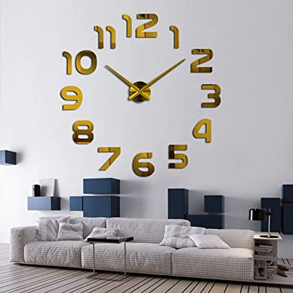 Elikeable Frameless DIY Wall Clock Large 3D Mirror Surface Wall Clock Large Mute Wall Stickers for Living Room Bedroom Home Decorations (Gold)
