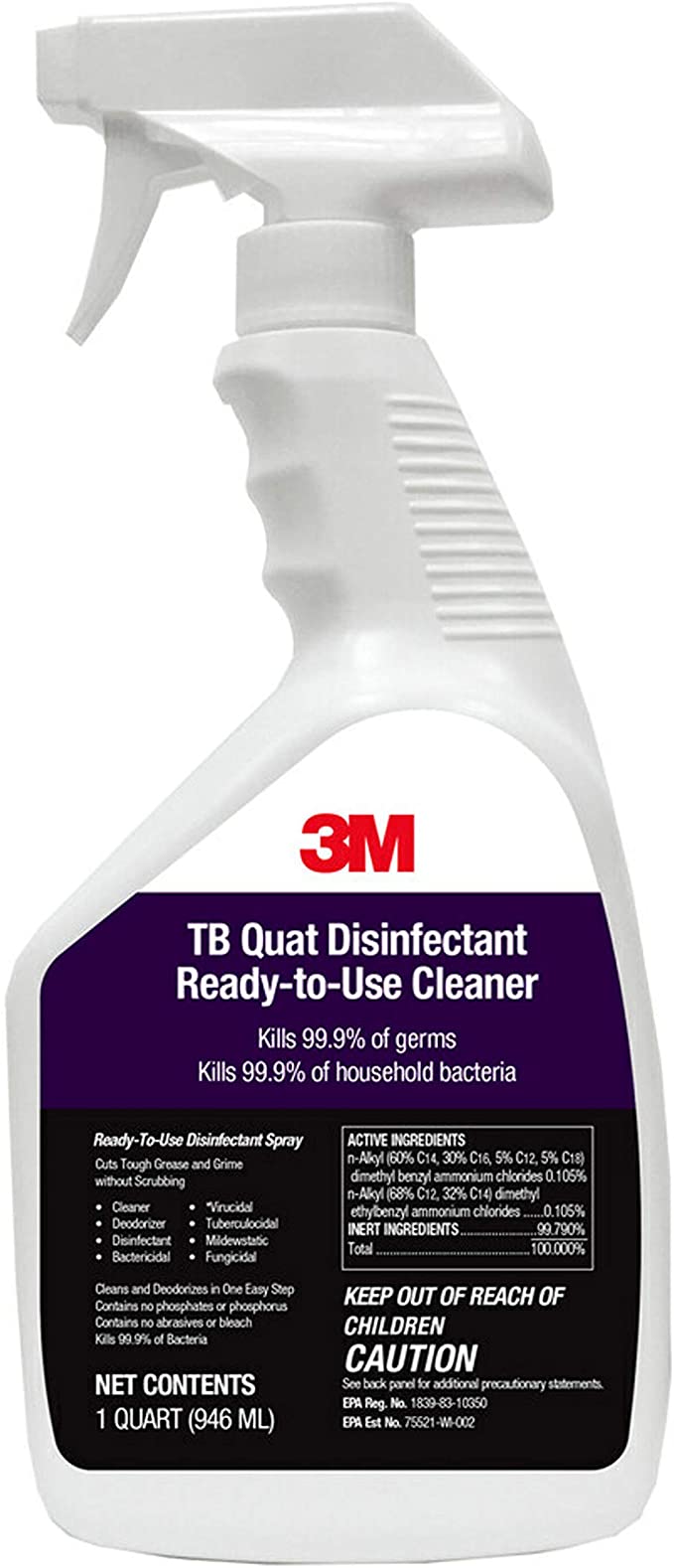 3M TB Quat Disinfectant Spray, Ready-to-Use Cleaner, Kills 99.9% of Germs, 1 Spray Bottle, 1 qt