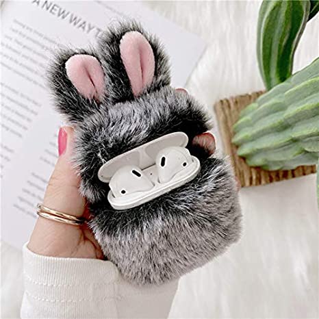 for Apple Airpods Cover Case Accessories Protective Winter Keep Warm Cute Rabbit Ears Fluffy Silicone Fur Headphones Cases Box for Airpod 2/1 Cartoon Earphone (Black)