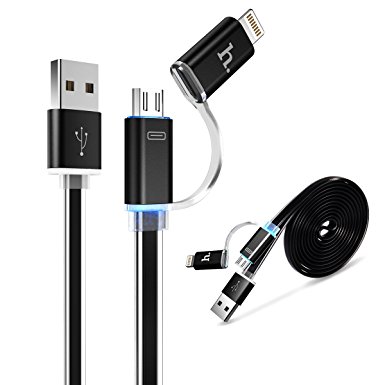 HOCO UPL08 1.2M/4ft 2-in-1 Lightning & Micro USB Cable with Intelligent LED Charging Lights,High Speed Charging Cable Data Sync for iPhone,iPad,Android Smartphones/Tablet (Black)