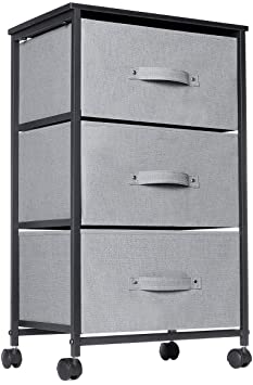 3 Drawer Dresser, KINGSO Fabric Dresser Storage Tower Organizer Unit with Sturdy Steel Frame Easy-Pull Chest of Drawers & Lockable Rolling Wheels for Bedroom Living Room Guest Room Dorm Closet - Grey