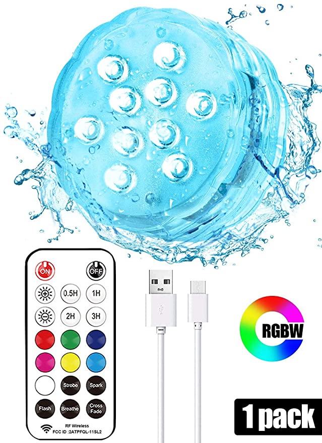 Idealife Rechargeable Submersible LED Lights with Remote, USB Color Changing Dimmable Night Light Waterproof Underwater Pool Lights with Magnet Suction Cups Timer for Fish Tank Aquarium Pond Party
