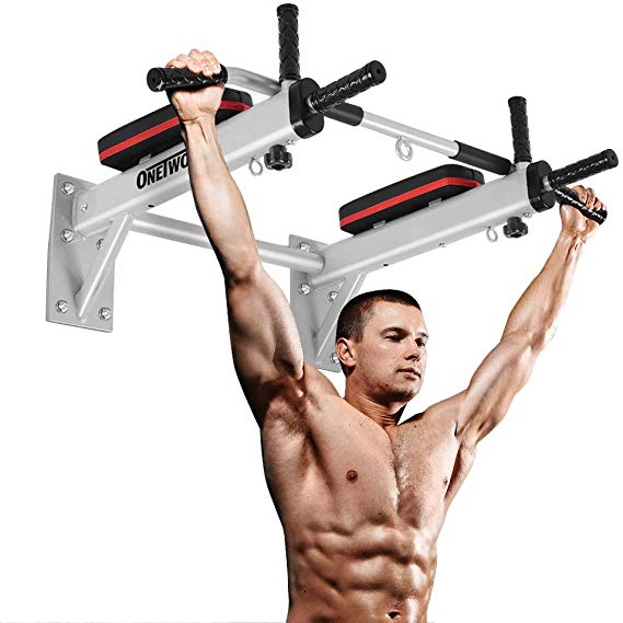 OneTwoFit Wall Mounted Pull Up Bar Chin Up Exercise Bar Gym Dip Station Home Full Body Trainer with Punching Bag Eyelet for Boxing Power Ropes