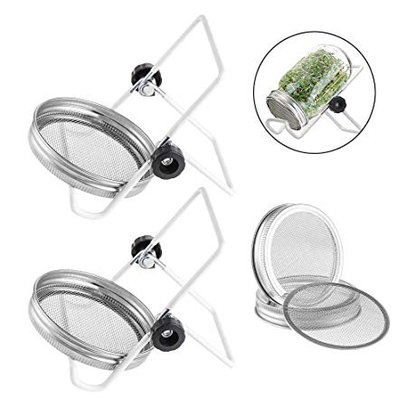 Jar Sprouting Lids, Stainless Steel Mesh Sprout Lid of 4 Pack and Stand for Cannnig Jar of 2 Pack, Wide Mouth Mason Sprout Jar Lids Kit for Making Organic Bean Sprout Seeds