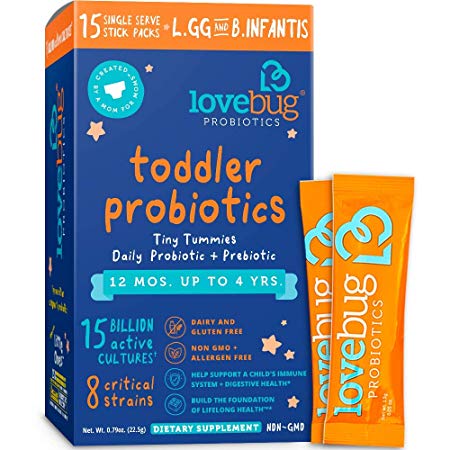 Lovebug Probiotic and Prebiotic for Kids, 15 Billion CFU, for Children 12 Months to 4 Years, Best Children's Probiotics, Contains 1 Gram Fiber, 15 Packets