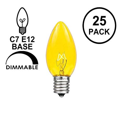 Novelty Lights 25 Pack C7 Outdoor String Light Christmas Replacement Bulbs, Yellow, C7/E12 Candelabra Base, 5 Watt