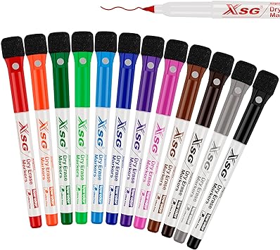 XSG Magnetic Dry Erase Markers Ultra Fine Tip，0.7mm Magnetic Ultra Fine Point Dry Erase Markers，12 Assorted Colors Markers For Adults & Kids，Low Odor，Extra Fine Tip For Planning & Calendar boards