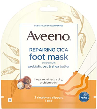 Aveeno Repairing CICA Foot Mask with Prebiotic Oat and Shea Butter, Moisturizing Foot Mask for Extra Dry Skin, 2 Single-Use Slippers 1 ea