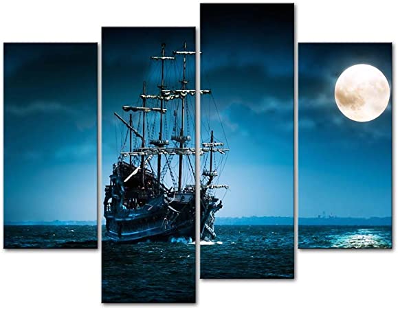 Pirate Ship Viking on the Blue Ocean in the Full Moon Night Canvas Print Wall Art Decor Seascape Artwork Prints for Home Living Room or Office Decoration