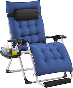 Yaheetech 29in Zero Gravity Chair, Foldable Premium Reclining Lounge Recliner w/Removable Pad & Pillow & Side Accessory Tray for Indoor and Outdoor Navy Blue 1PCS