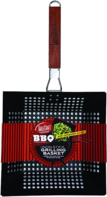 TableCraft BBQ2112 BBQ Nonstick 21-Inch Square Grilling Basket with Wood Handle, Small, Black